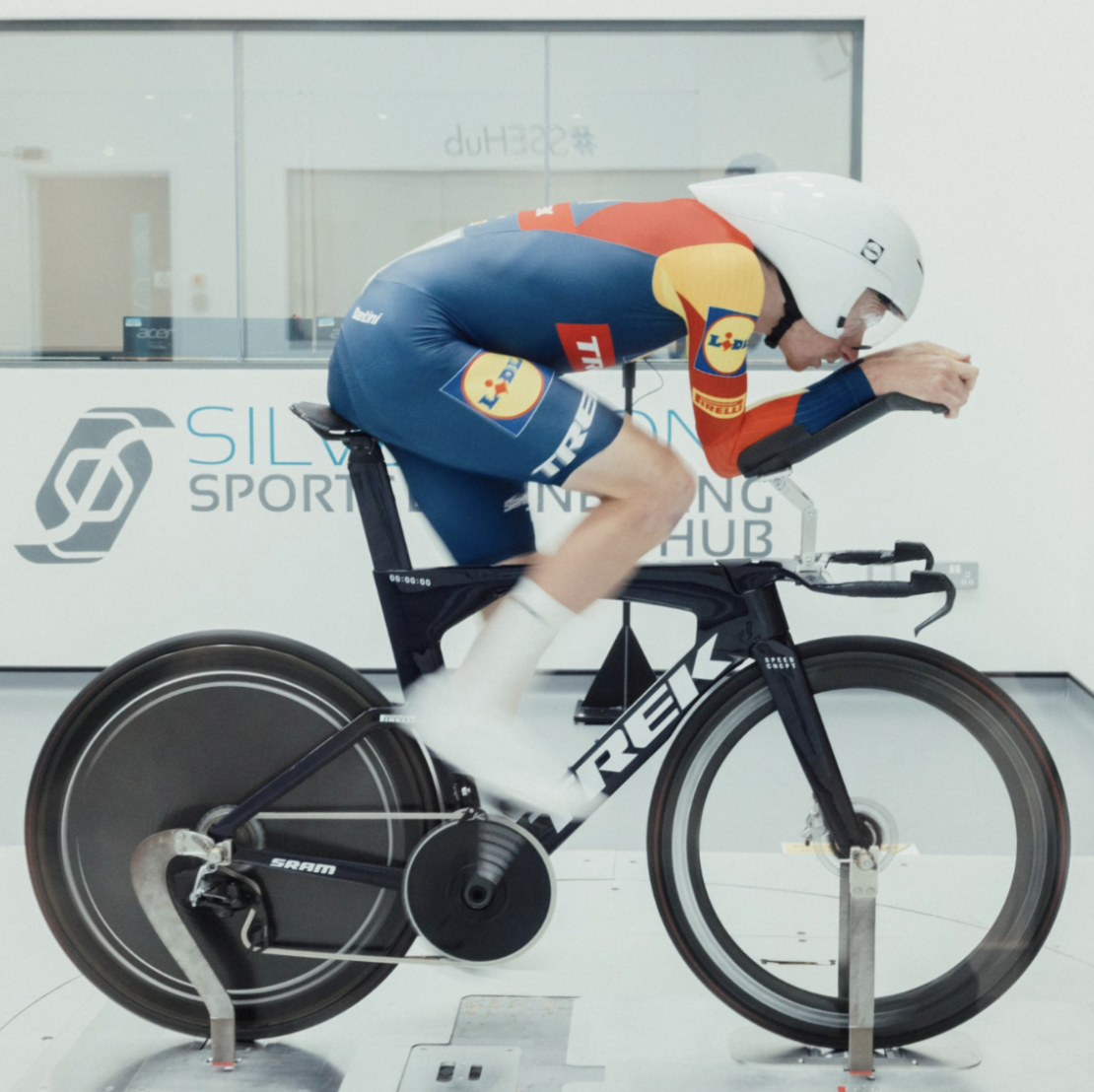 Lidl-Trek rider during aerodynamic wind tunnel testing